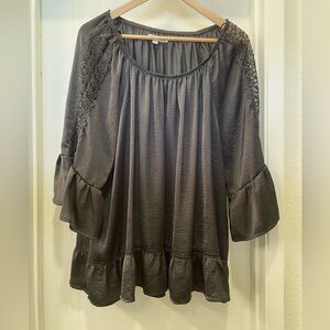 Fever, Black Satin Peplum Top with Lace Insets 3X